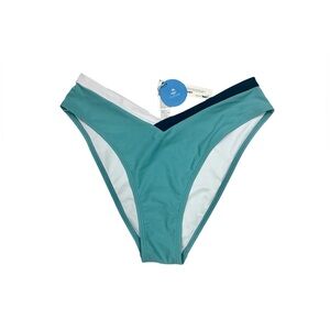 Cupshe aqua v-cut hipster bikini bottoms with navy and white trim